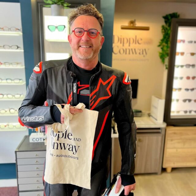 Customer with new red frames